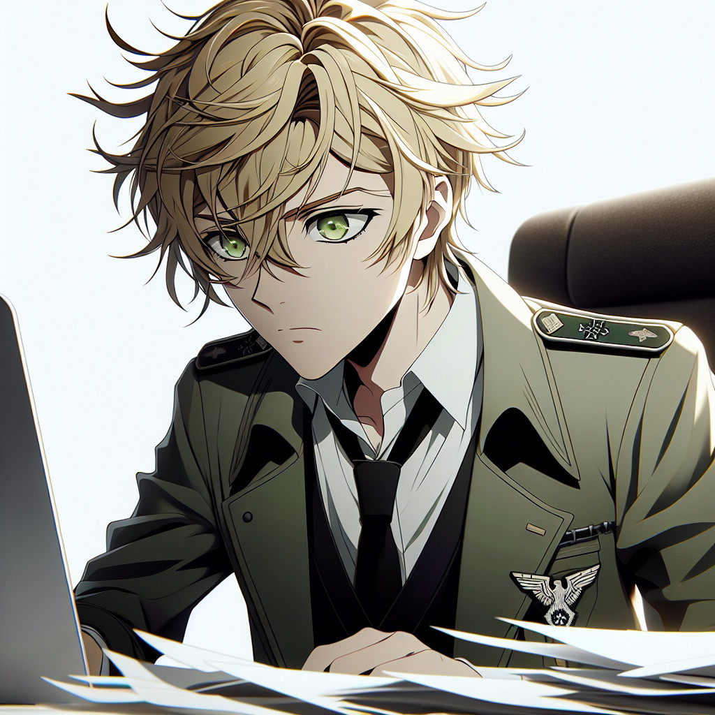 imagine in anime seraph of the end like look showing an anime boy with messy blond hair and green eyes working in deutscher agent im vereinigten koenigreich