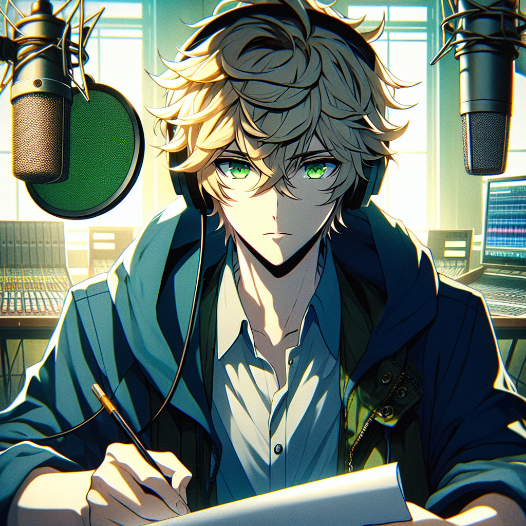 imagine in anime seraph of the end like look showing an anime boy with messy blond hair and green eyes working in deutscher synchronsprecher in grossbritannien