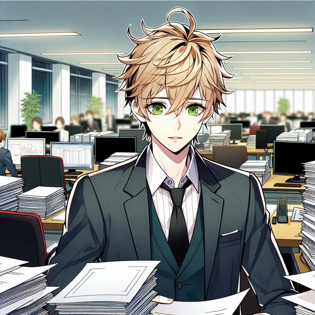 imagine in anime seraph of the end like look showing an anime boy with messy blond hair and green eyes working in deutscher unternehmensberater im vereinigten koenigreich